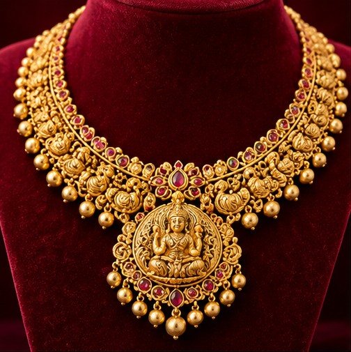 Gold necklace on burgundy velvet